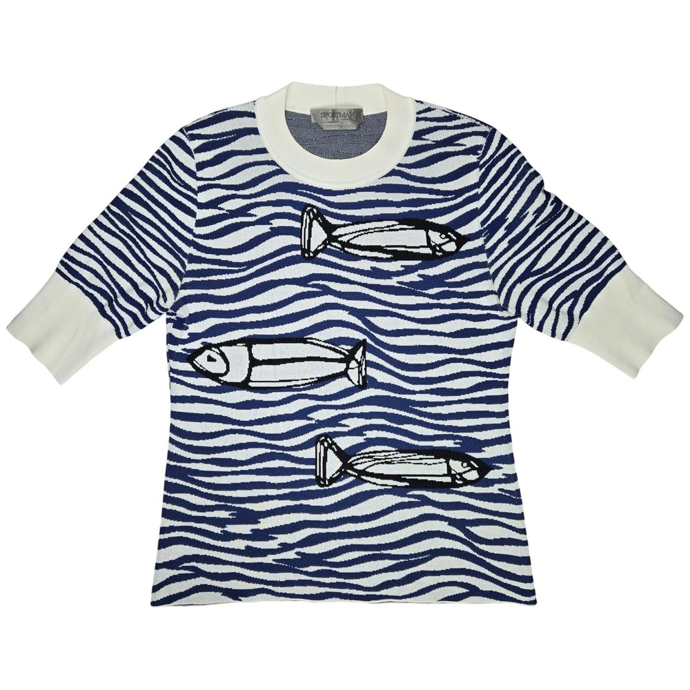 Sportmax Defile Max Mara Blue White Fish Print Knit Top Made in Italy